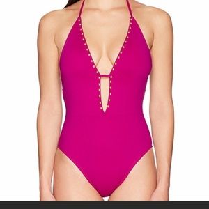 La Blanca Studded One Piece Halter Swimsuit